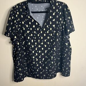 Shein Curve 2XL Black And Gold Polka Dot Flutter Sleeve Blouse
